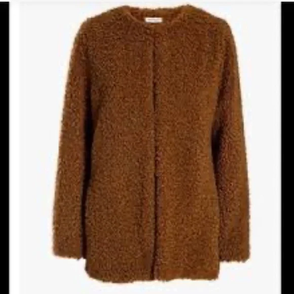 Max Studio Teddy Coat Collarless, Rich Caramel, XL - Picture 1 of 7